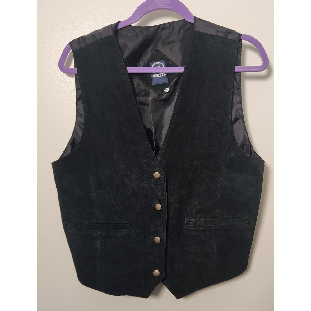 Vintage I am Black Suede Vest V-Neck Snap Close Women's Large Lined Tie Back